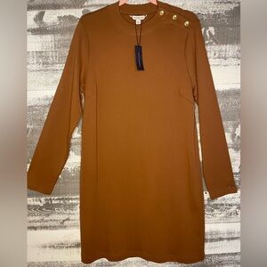 Tommy Hilfiger Long Sleeve Crewneck Dress in Caramel Brown